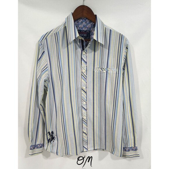 Mens English Heroes Long Sleeve Blue Green Striped Button Down Shirt - Size L - Picture 1 of 7